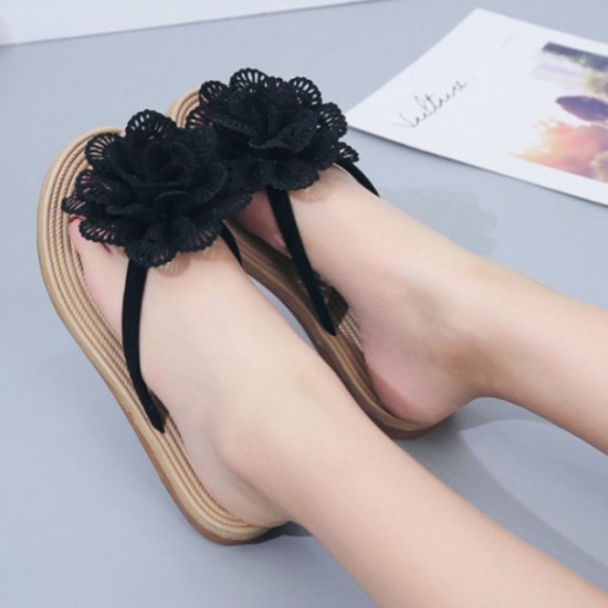 New Comfartable Flower Beach Flat Slippers - Black