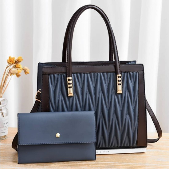 Luxury Diamond Texture Lattice Two Piece Handbag Set-Blue image