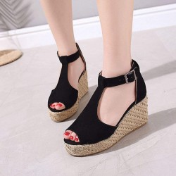 Women Peep Toe Buckle Up Wedge Heel Sandals -Black