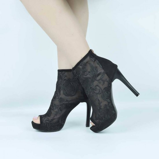 Floral Mesh Embroidered Stiletto High Heel Shoes - Black image