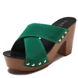 Block Studded High Heels Green Sandals