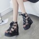 Floral Design High Heels Black Wedge Sandals image