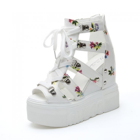 Floral Design High Heels White Wedge Sandals image
