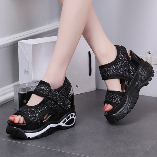 Bottom Sequin Muffin Wedge Black Sandals image