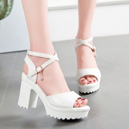 White Open Toe Chunky High Heels Sandals