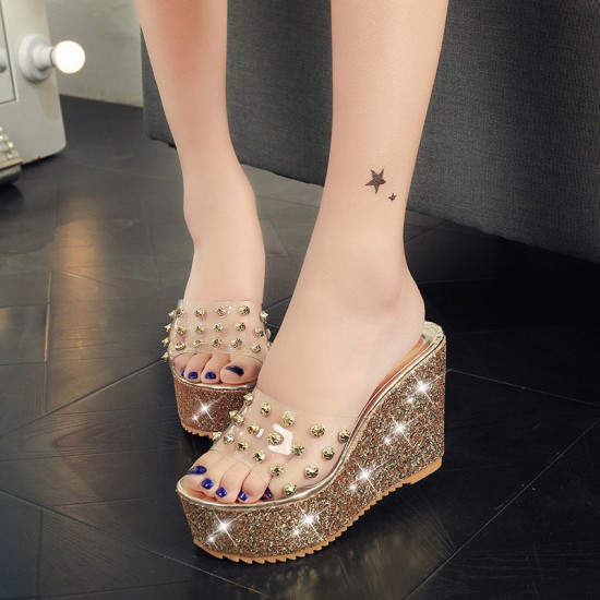 Dotted Transparent Golden Wedge Mules Sandals image