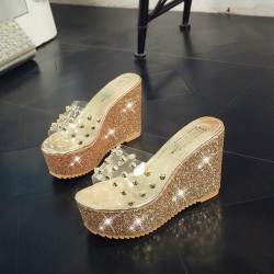 Dotted Transparent Golden Wedge Mules Sandals Dotted Transparent Golden Wedge Mules Sandals