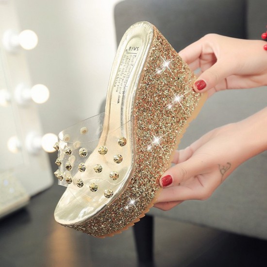 Dotted Transparent Golden Wedge Mules Sandals image