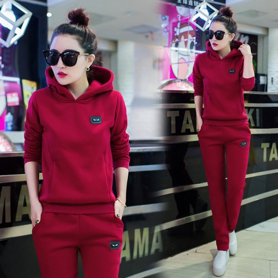 Leisure Hooded Two Piece Sportswear Suit - Red image