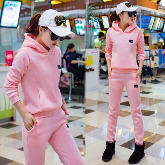 Leisure Hooded Two Piece Sportswear Suit - Pink image