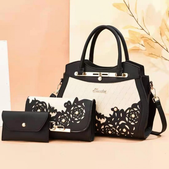 Three Pieces Luxury Carved Elegant Handbags Set - Black image