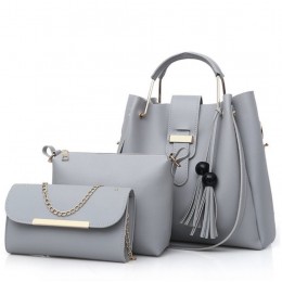 Solid Tassel Hanging PU Grey Leather Bag Set