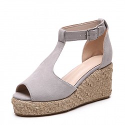 Women Peep Toe Buckle Up Wedge Heel Sandals -Grey
