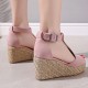 Women Peep Toe Buckle Up Wedge Heel Sandals -Pink image