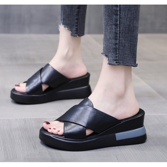 Open Toed Foreign Style Large Size Slope Heel Sandals-Black image