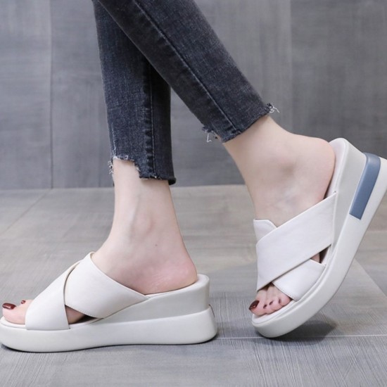 Open Toed Foreign Style Large Size Slope Heel Sandals-White image