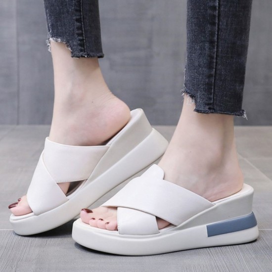 Open Toed Foreign Style Large Size Slope Heel Sandals-White image