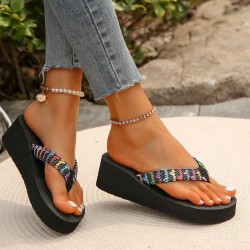 Colorful Woven Platform Flip Flops Slipper - Black
