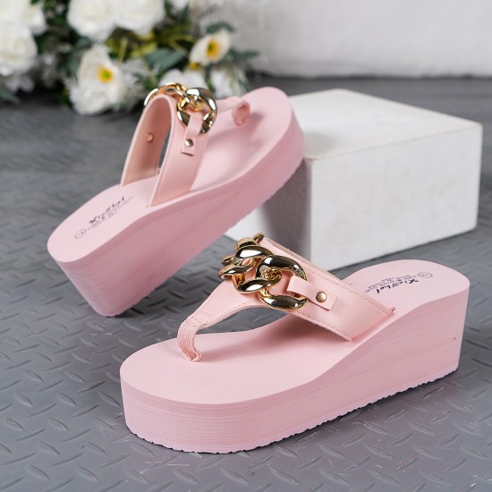 Buy pink platform flip-flops with gold chain design in Pakistan