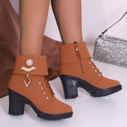 Trendy Brown High Heel Ankle Boots for Women with Stylish Embellishments