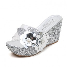 Korean Sequins Flower Transparent Sandals - Silver