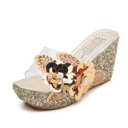 Korean Sequins Flower Transparent Sandals - Gold