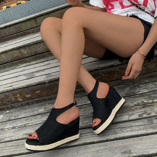 New Fish Mouth Open Toe Wedge Sandals - Black image