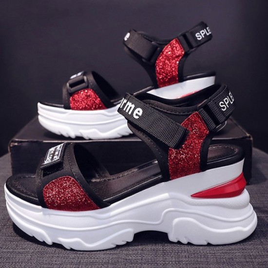 Platform Sponge Wedge Strappy Velcro Closure Sports Sandals - Red image