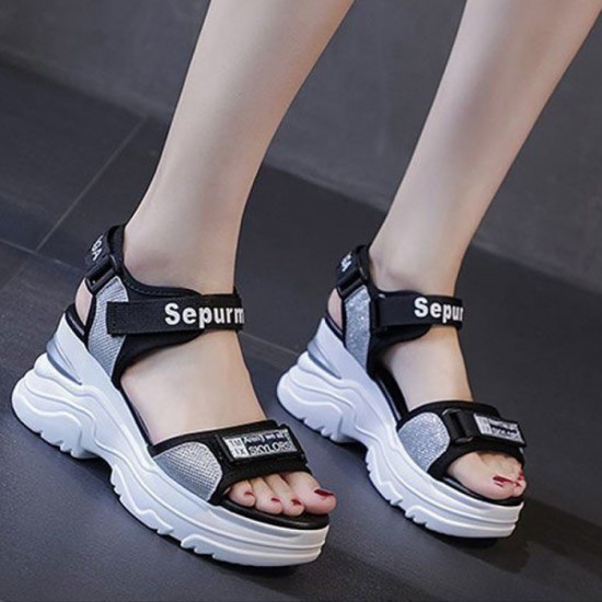 Platform Sponge Wedge Strappy Velcro Closure Sports Sandals - Silver image