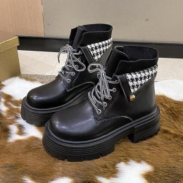 Women’s Black Chunky Ankle Boots with Houndstooth Detail