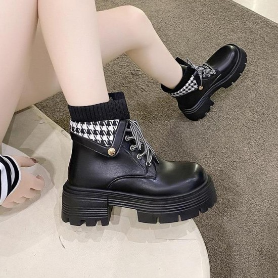 Women’s Black Chunky Ankle Boots with Houndstooth Detail image