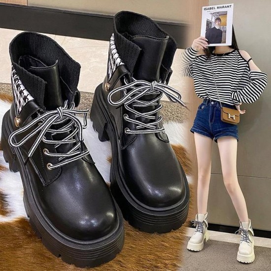Women’s Black Chunky Ankle Boots with Houndstooth Detail image