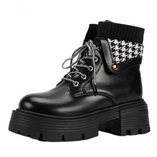Women’s Black Chunky Ankle Boots with Houndstooth Detail image