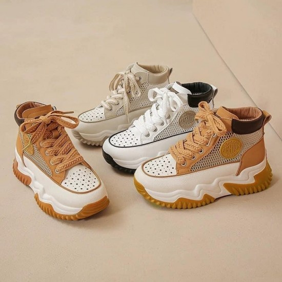 Women's Fashion High Top Platform Sneakers – Casual Chunky Ankle Boots- White image
