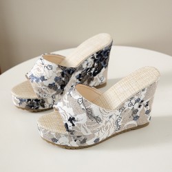 Vibrant Floral Embellished Wedge Sandals - White