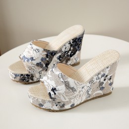Vibrant Floral Embellished Wedge Sandals - White