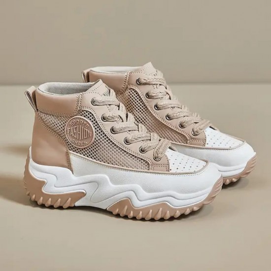 Stylish women's yellow and white high top platform sneakers with chunky sole and lace-up design