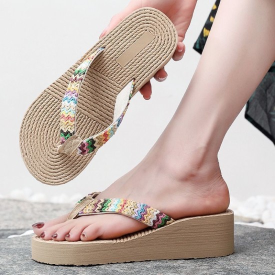 Colorful Woven Platform Flip Flops Slipper - Brown image