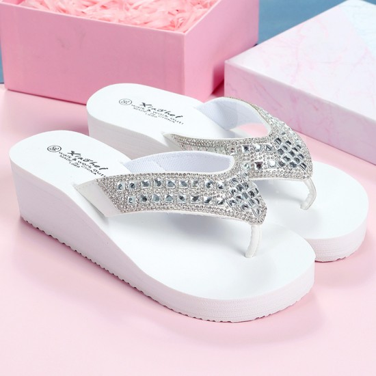 Elegant white rhinestone wedge flip flops for women available in Pakistan