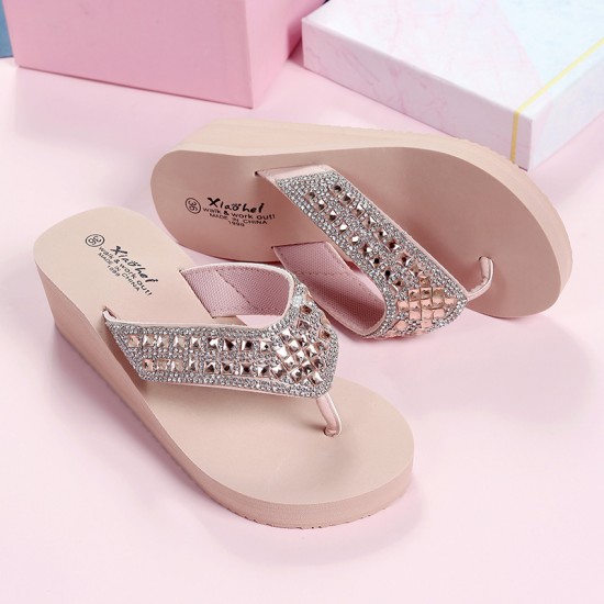 Pink Elegant Women's Rhinestone Wedge Flip Flops image