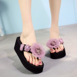 Black Wedge Slippers with Purple Flowers
