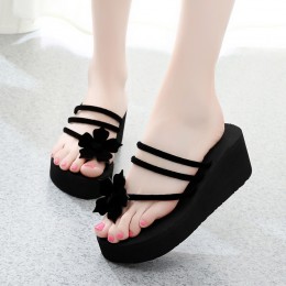 Black Wedge Slippers with Black Straps and Flowers
