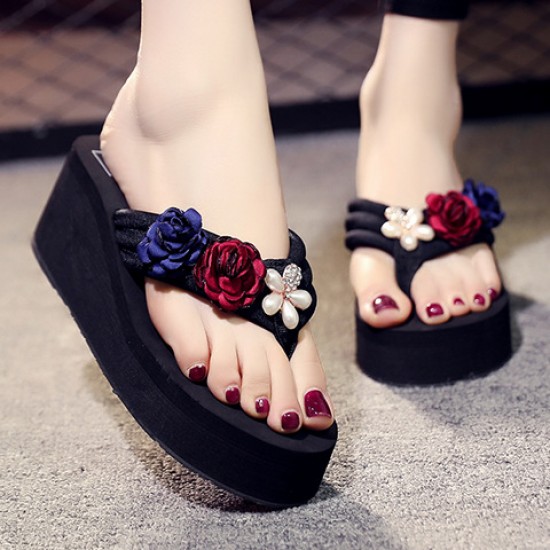 Red Wedge Slippers with Colorful Flower image