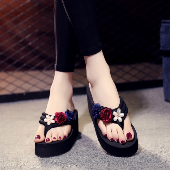 Red Wedge Slippers with Colorful Flower image