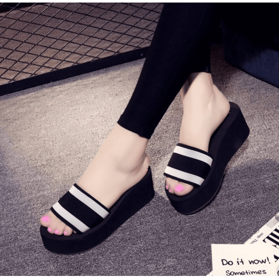 Wedge Slippers with Bold White Stripes image