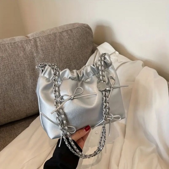 Women PU Leather Small Handbag Bowknot Ladies Shoulder Bags image