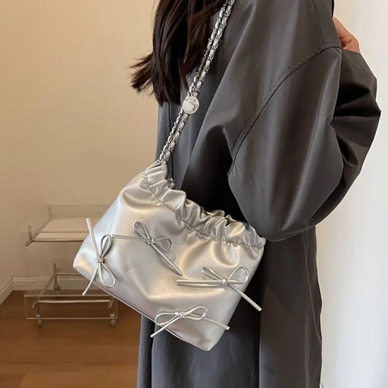 Women PU Leather Small Handbag Bowknot Ladies Shoulder Bags image