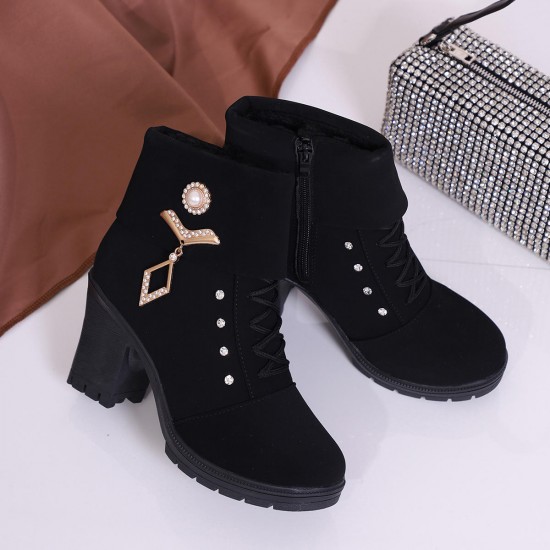 Trendy Black High Heel Ankle Boots for Women with Stylish Embellishments image