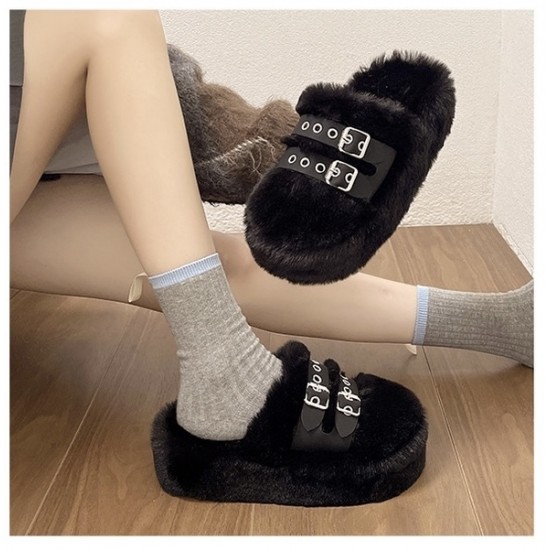 Cozy Black Fur Slippers for Women with Double Buckle Straps image