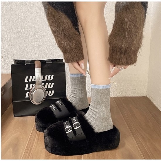 Cozy Black Fur Slippers for Women with Double Buckle Straps image